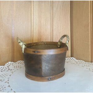 Vintage Small Rustic Wooden Firkin Bucket Twisted Rope Handles Decorative Brass